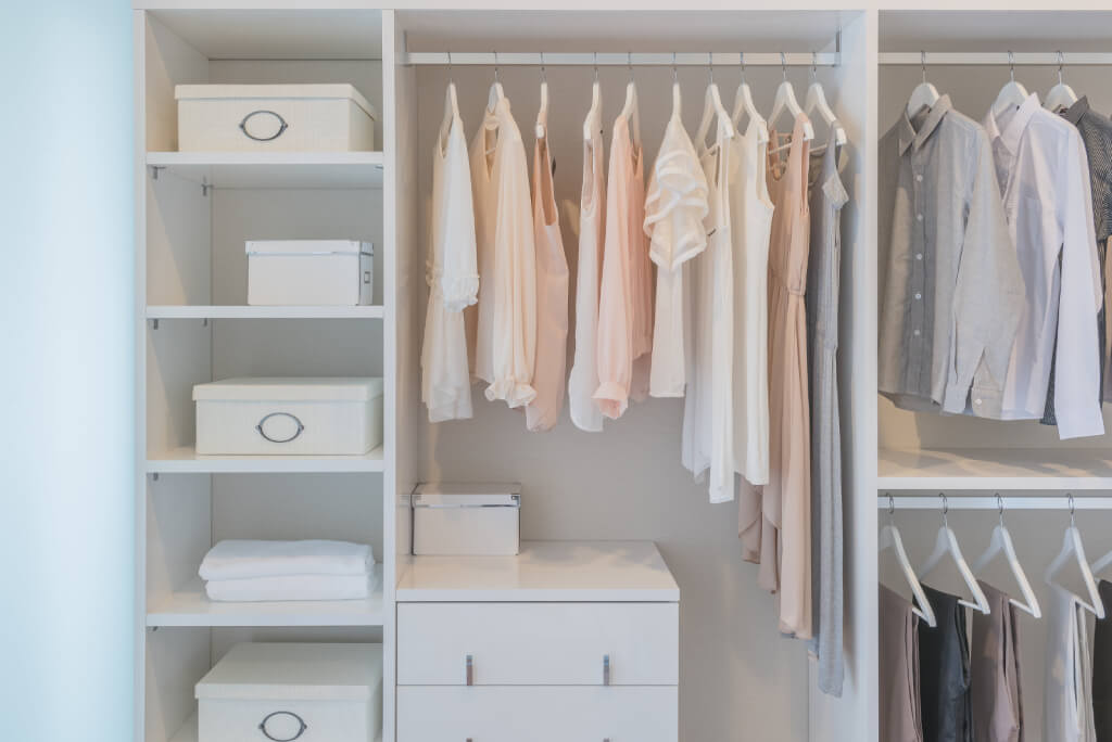 Organization inspiration: a neatly arranged wardrobe with clothing, storage boxes, and shoes